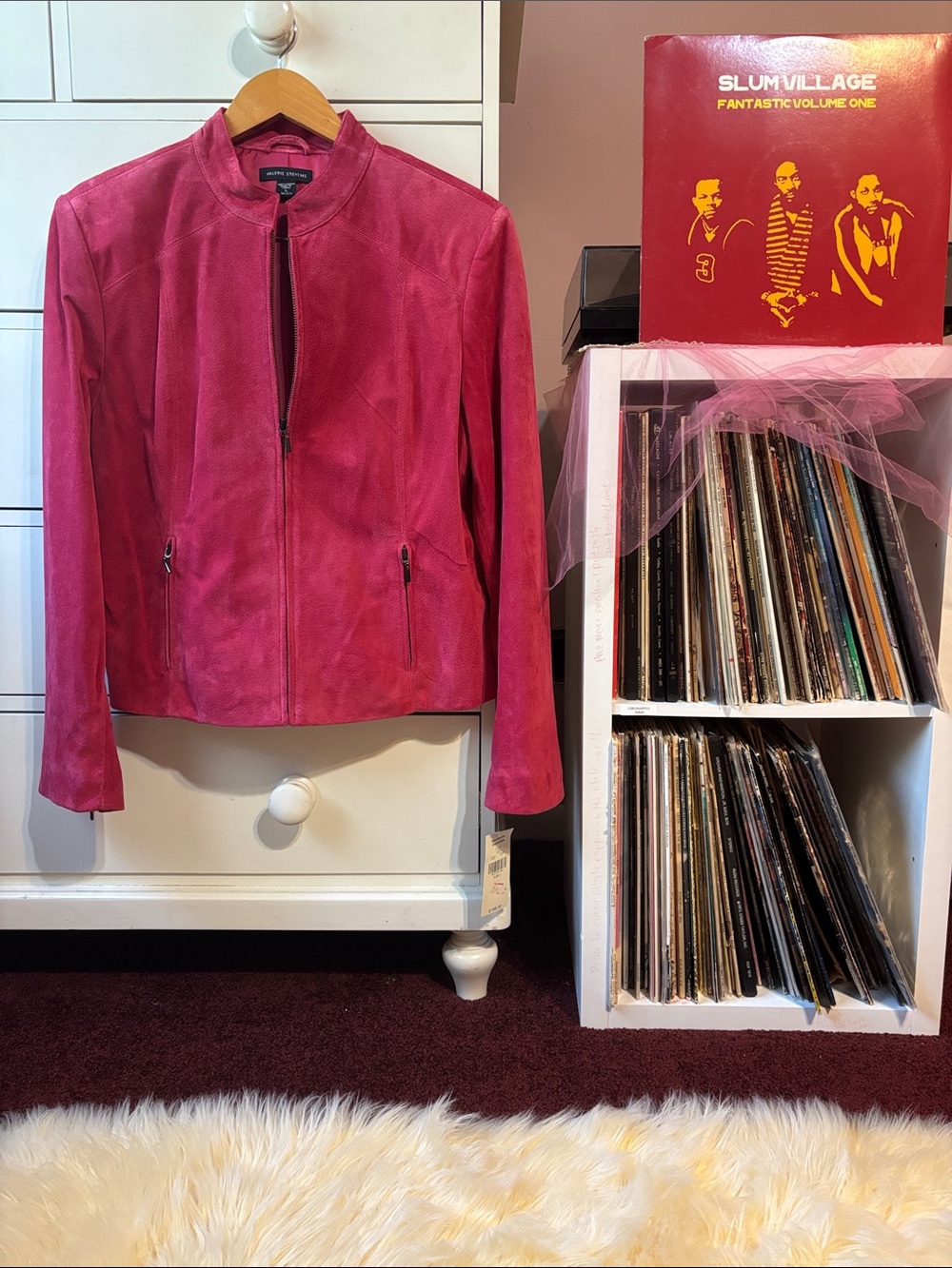 NWT Y2K Suede Vintage Moto Leather Jacket Large Pink New Berry Red Coat Fall Hot
